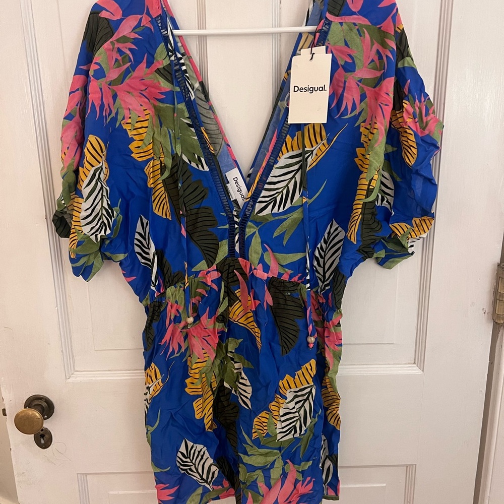 Desigual Blue and Pink Swim Coverup with Tropical Print